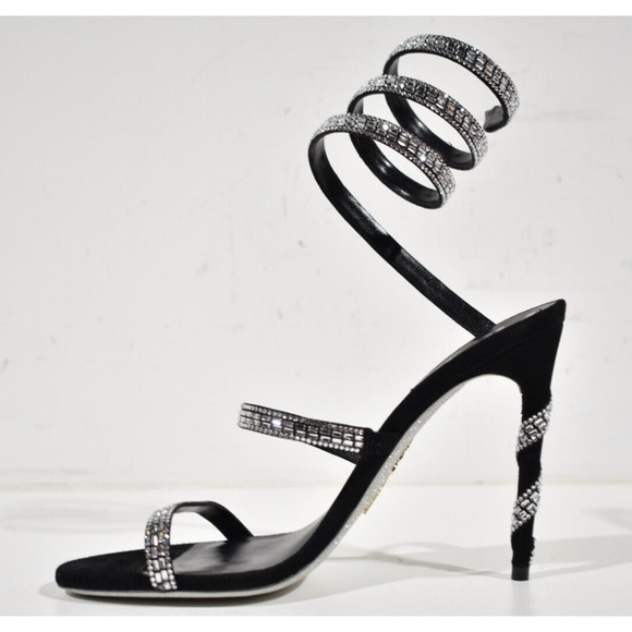 Rene Caovilla Margot Black Silver Crystal Ankle Wrap Strap Sandal Heel Pump 37.5 - Picture 8 of 13